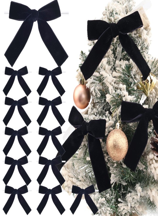 DHFLYDH Velvet Bows Christmas Bows Twist Tie Bows 12 PCS Premade Bows for Christmas Tree,Wreaths, Gift Basket, Spring Decor, Gift Wrapping, Swag, Wedding (Black - Image 1