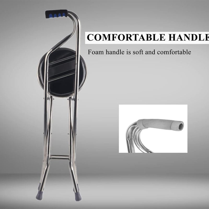 cheekyglo Folding Walking Seat Cane, Walking Hand Stick Stool, Stainless Steel FourLeg Thickening Walking Cane, Walking Stick Chair for Elderly Gift (Black)Black - Image 2