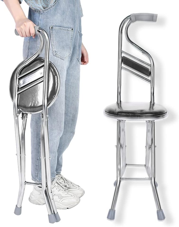 cheekyglo Folding Walking Seat Cane, Walking Hand Stick Stool, Stainless Steel FourLeg Thickening Walking Cane, Walking Stick Chair for Elderly Gift (Black)Black - Image 1
