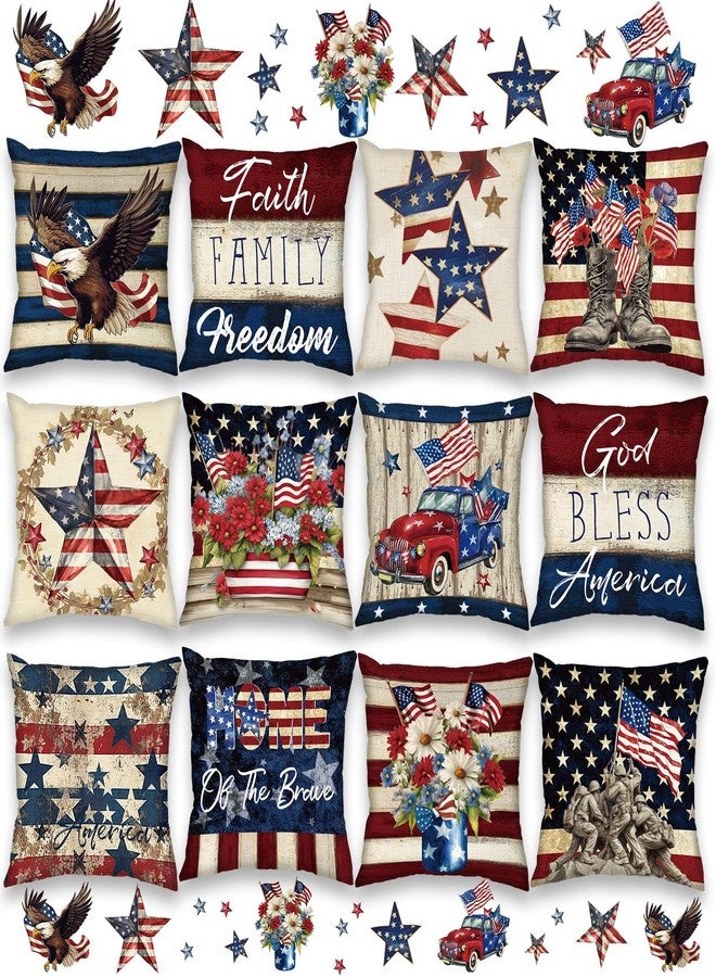 FuWeave 12 Pcs Patriotic Memorial Day Pillow Covers Red White and Blue Throw Pillow Covers Vintage 18x18 Inch 4th of July Pillows American Flag Stars Stripes Case for Sofa Couch Bedroom Living - Image 1