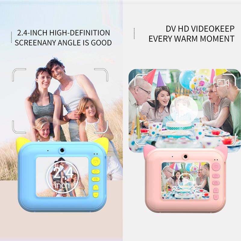 كاميرا طباعة فورية للأطفال اللطيفة 1080P كاميرا فيديو رقمية عدسة كاميرة مزدوجة 12 بيكسل شاشة LCD مقاس 2.4 بوصة بطارية مضمنة بطاقة TF سعة 32 جيجابايت هدية عيد الميلاد والمهرجانات وكرسماس للأطفال والفتيات والفتيان - Image 4
