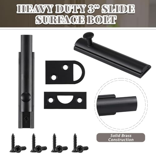 Lothee 4 Pcs Solid Brass Surface Bolts 3" Slide Latch Door Lock Bolt with Screws Anti Theft Security Lock for Top of French Door Gates(Matte Black) - Image 3