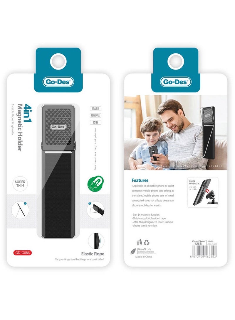 جو-ديز Go Des GD-G086 4in1 جهاز حامل الحلقة المغناطيسية مع حامل عالمي للهاتف المحمول حامل الاصبع حبال قبضة مطاطية سوداء - Image 4
