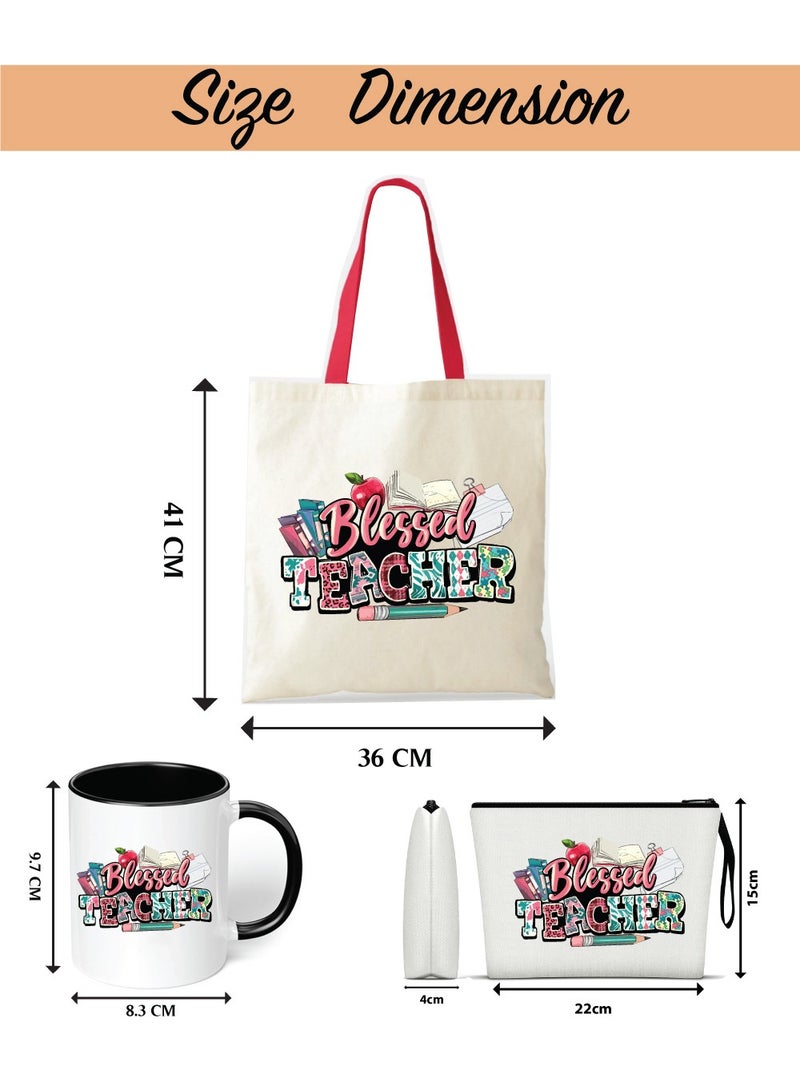PRINTSHOP4ME Teacher's Day Gift Combo Stylish Red handled Cotton bag - Two Tone Black Mugs and Cosmetic Pouch - Pack of 3 Combo Set - World Teachers Day - Image 3
