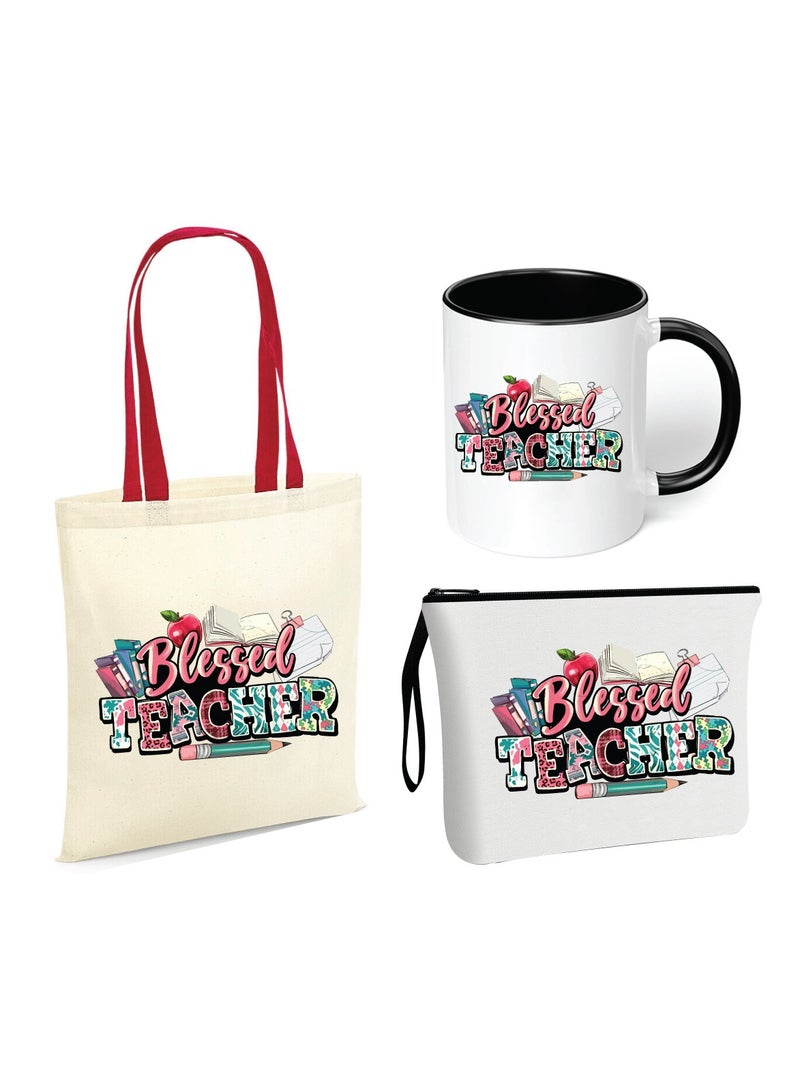PRINTSHOP4ME Teacher's Day Gift Combo Stylish Red handled Cotton bag - Two Tone Black Mugs and Cosmetic Pouch - Pack of 3 Combo Set - World Teachers Day - Image 1