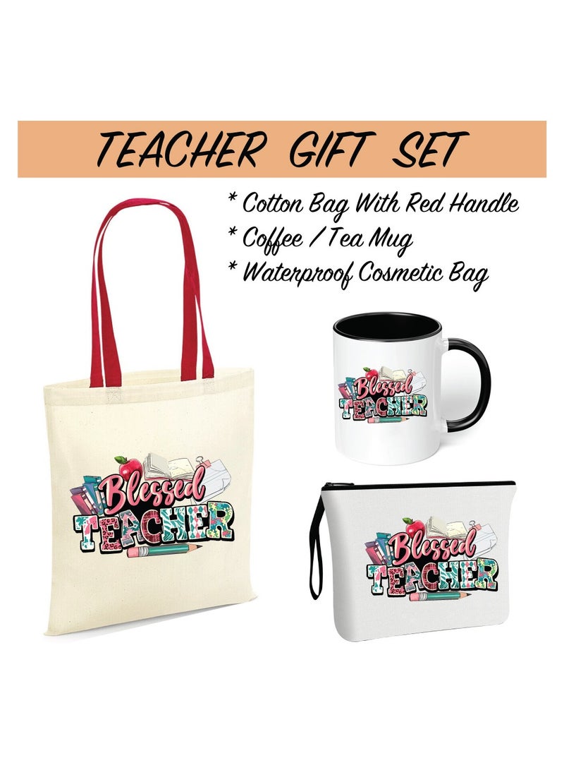 PRINTSHOP4ME Teacher's Day Gift Combo Stylish Red handled Cotton bag - Two Tone Black Mugs and Cosmetic Pouch - Pack of 3 Combo Set - World Teachers Day - Image 2