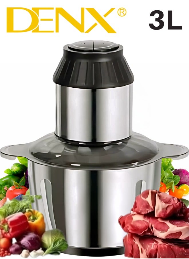 Denx - Electric Meat Grinder, Food Processor Blender With 3L Stainless Steel Bowls, Vegetable And Fruit Chopper For Dicing, Mincing, Silver - Image 1