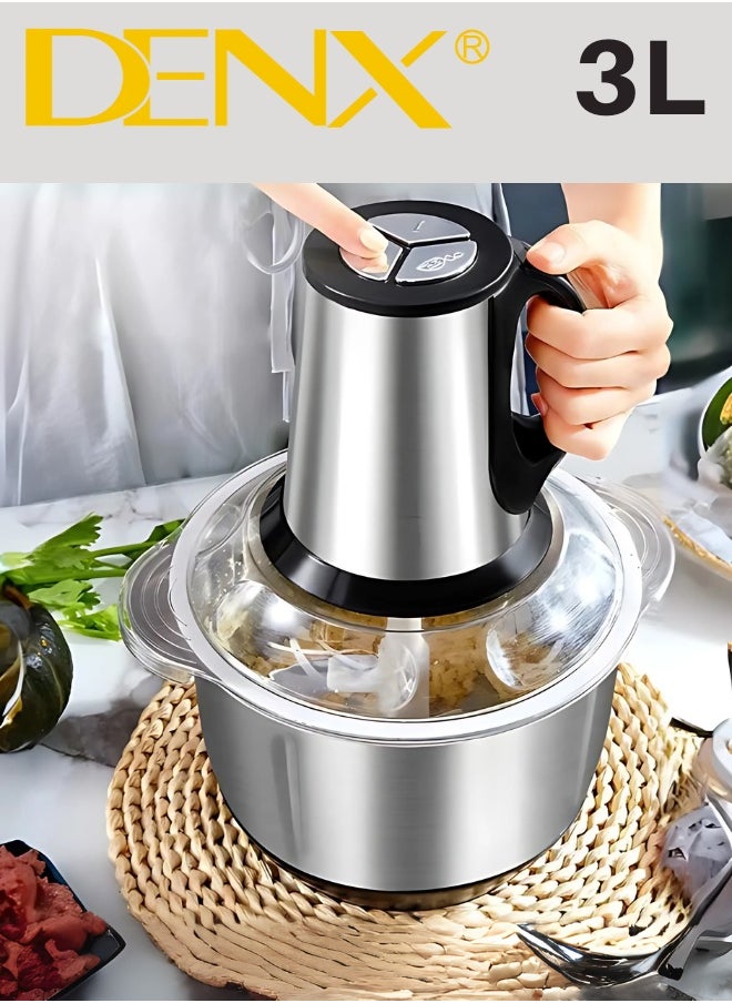 Denx - Electric Meat Grinder, Food Processor Blender With 3L Stainless Steel Bowls, Vegetable And Fruit Chopper For Dicing, Mincing, Silver - Image 1