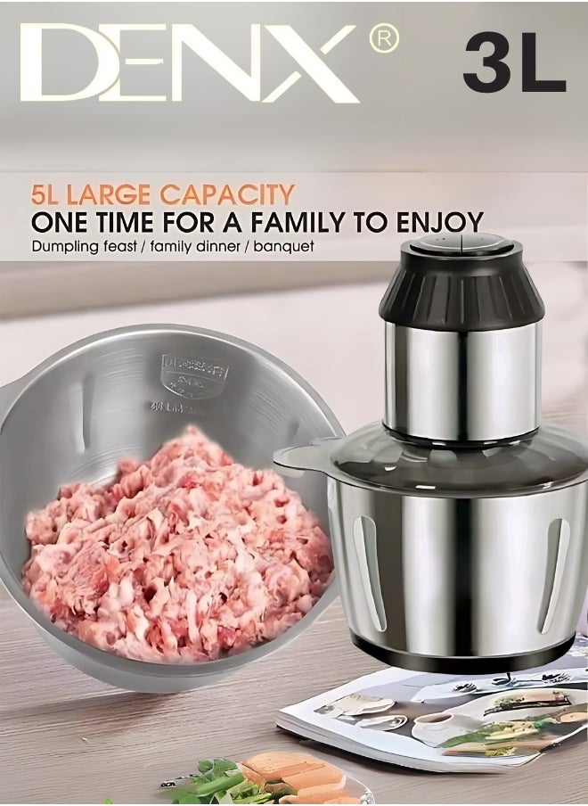 Denx - Electric Meat Grinder, Food Processor Blender With 3L Stainless Steel Bowls, Vegetable And Fruit Chopper For Dicing, Mincing, Silver - Image 1