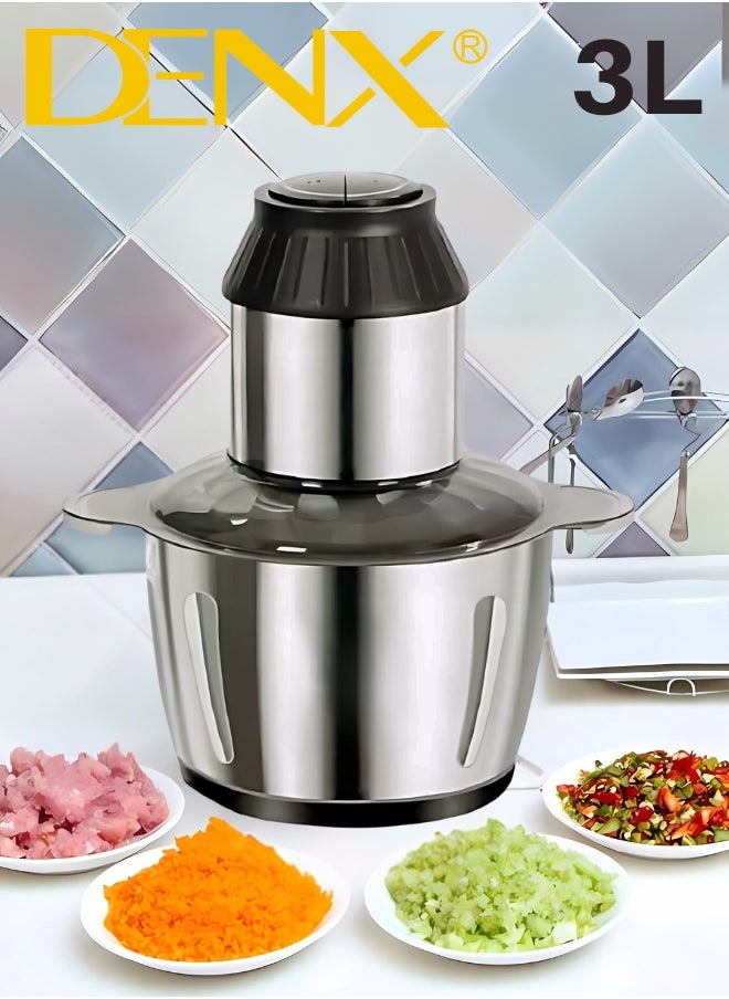 Denx - Electric Meat Grinder, Food Processor Blender With 3L Stainless Steel Bowls, Vegetable And Fruit Chopper For Dicing, Mincing, Silver - Image 1