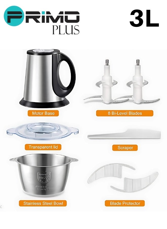 Electric Meat Grinder, Food Processor Blender With 3L Stainless Steel Bowls, Vegetable And Fruit Chopper For Dicing, Mincing, Silver