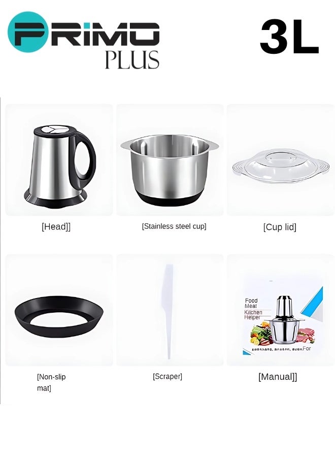 Electric Meat Grinder, Food Processor Blender With 3L Stainless Steel Bowls, Vegetable And Fruit Chopper For Dicing, Mincing, Silver