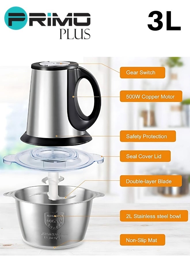 Electric Meat Grinder, Food Processor Blender With 3L Stainless Steel Bowls, Vegetable And Fruit Chopper For Dicing, Mincing, Silver