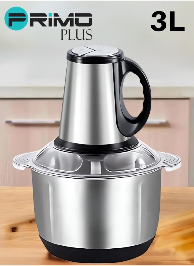Electric Meat Grinder, Food Processor Blender With 3L Stainless Steel Bowls, Vegetable And Fruit Chopper For Dicing, Mincing, Silver