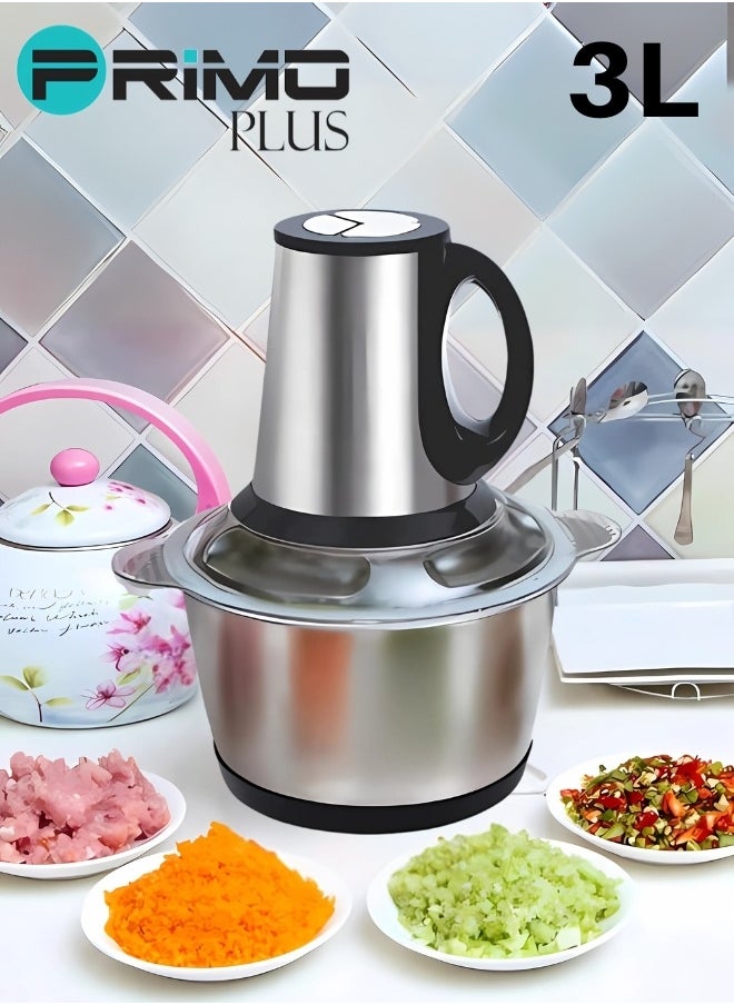 Electric Meat Grinder, Food Processor Blender With 3L Stainless Steel Bowls, Vegetable And Fruit Chopper For Dicing, Mincing, Silver
