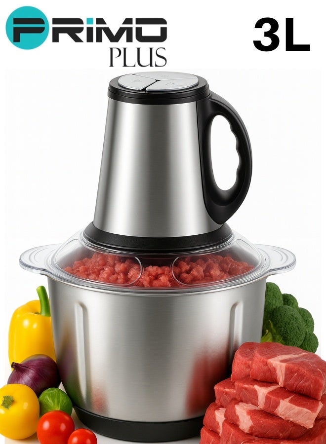 بريمو بلس مفرمة لحم و خضار كهربائية متعددة الاستخدام من بريمو بلس موديل PR165، بقدرة 500 واط ووعاء كبير من الستانلس ستيل المقاوم للصدأ بسعة 3 لتر مع تحكم بسرعتين وأربع شفرات حادة، قطاعة و فرامة لحم و خضار بتصميم آمن بالقفل المحكم، مثالية لفرم اللحوم وتقطيع الخضروات والفواكه والمكسرات وتحضير الصلصات - Image 1