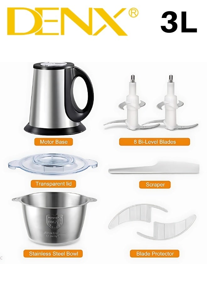 دينكس مفرمة لحم و خضار كهربائية متعددة الاستخدام من دينكس موديل DX3206، بقدرة 850 واط ووعاء كبير من الستانلس ستيل المقاوم للصدأ بسعة 3 لتر مع تحكم بسرعتين وأربع شفرات حادة، قطاعة و فرامة لحم و خضار بتصميم آمن بالقفل المحكم، مثالية لفرم اللحوم وتقطيع الخضروات والفواكه والمكسرات وتحضير الصلصات - Image 3