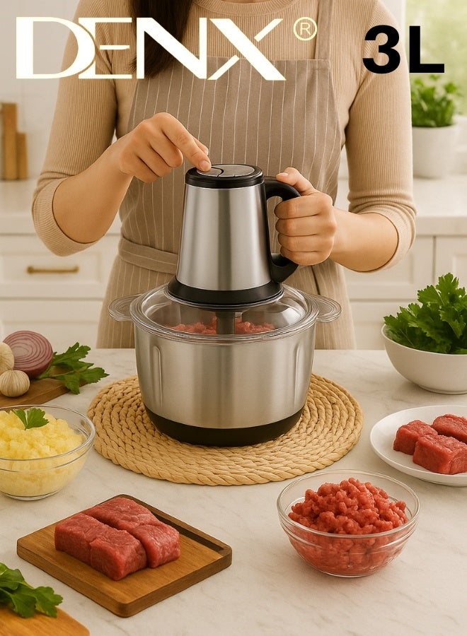 دينكس مفرمة لحم و خضار كهربائية متعددة الاستخدام من دينكس موديل DX3206، بقدرة 850 واط ووعاء كبير من الستانلس ستيل المقاوم للصدأ بسعة 3 لتر مع تحكم بسرعتين وأربع شفرات حادة، قطاعة و فرامة لحم و خضار بتصميم آمن بالقفل المحكم، مثالية لفرم اللحوم وتقطيع الخضروات والفواكه والمكسرات وتحضير الصلصات - Image 2