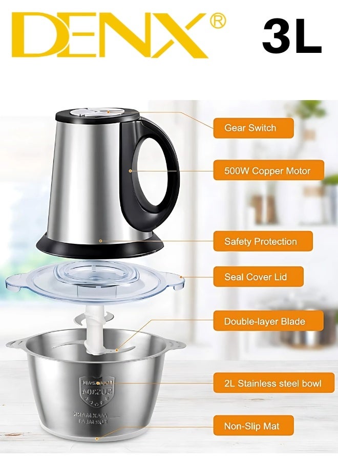 دينكس مفرمة لحم و خضار كهربائية متعددة الاستخدام من دينكس موديل DX3206، بقدرة 850 واط ووعاء كبير من الستانلس ستيل المقاوم للصدأ بسعة 3 لتر مع تحكم بسرعتين وأربع شفرات حادة، قطاعة و فرامة لحم و خضار بتصميم آمن بالقفل المحكم، مثالية لفرم اللحوم وتقطيع الخضروات والفواكه والمكسرات وتحضير الصلصات - Image 4