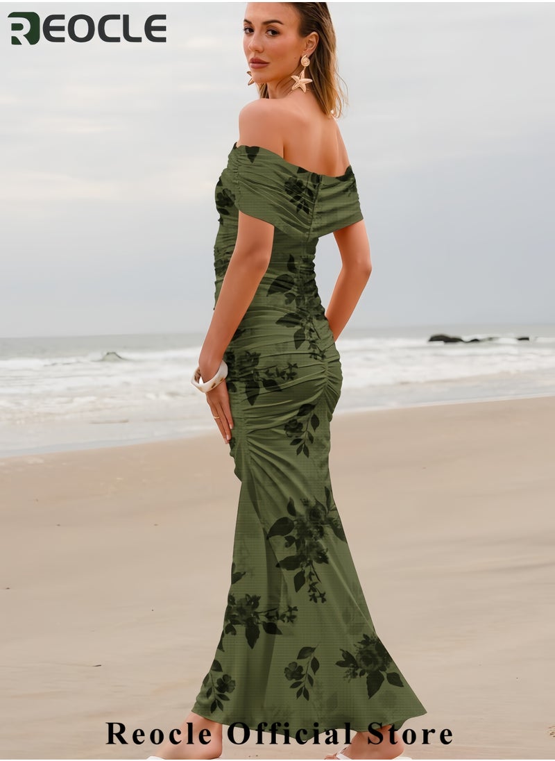 REOCLE Women's Mesh Floral Maxi Dress Summer Off The Shoulder Ruched Bodycon Long Cocktail Party Fitted Dresses  - Image 5