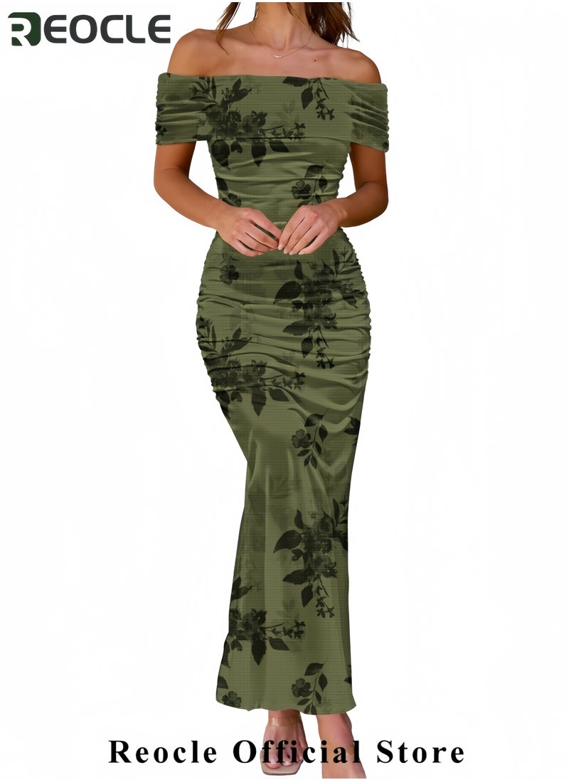 REOCLE Women's Mesh Floral Maxi Dress Summer Off The Shoulder Ruched Bodycon Long Cocktail Party Fitted Dresses  - Image 3