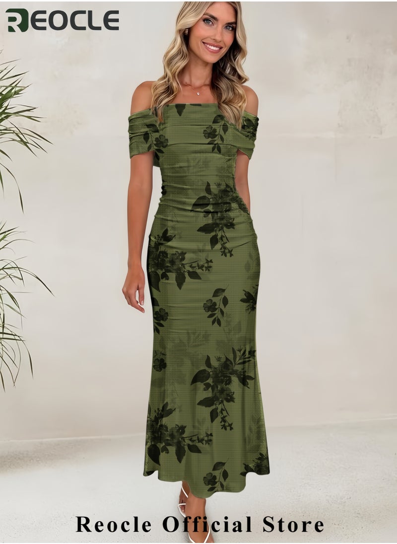 REOCLE Women's Mesh Floral Maxi Dress Summer Off The Shoulder Ruched Bodycon Long Cocktail Party Fitted Dresses  - Image 4