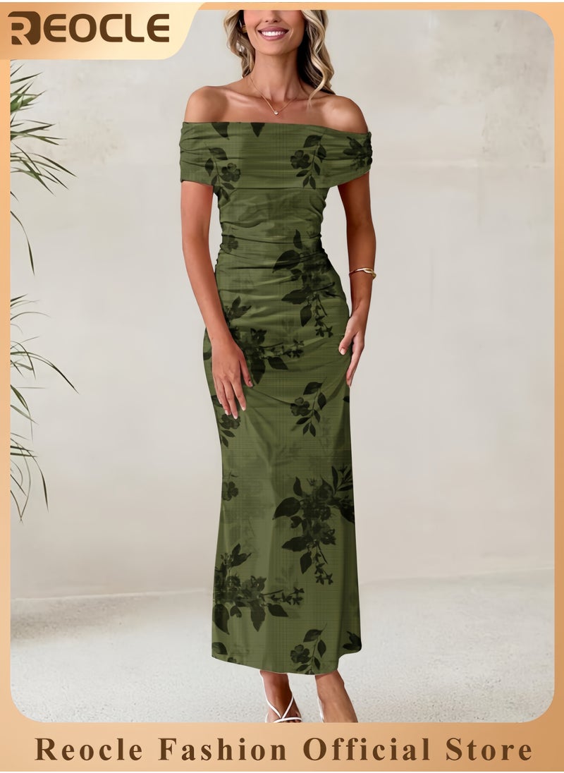 REOCLE Women's Mesh Floral Maxi Dress Summer Off The Shoulder Ruched Bodycon Long Cocktail Party Fitted Dresses  - Image 1