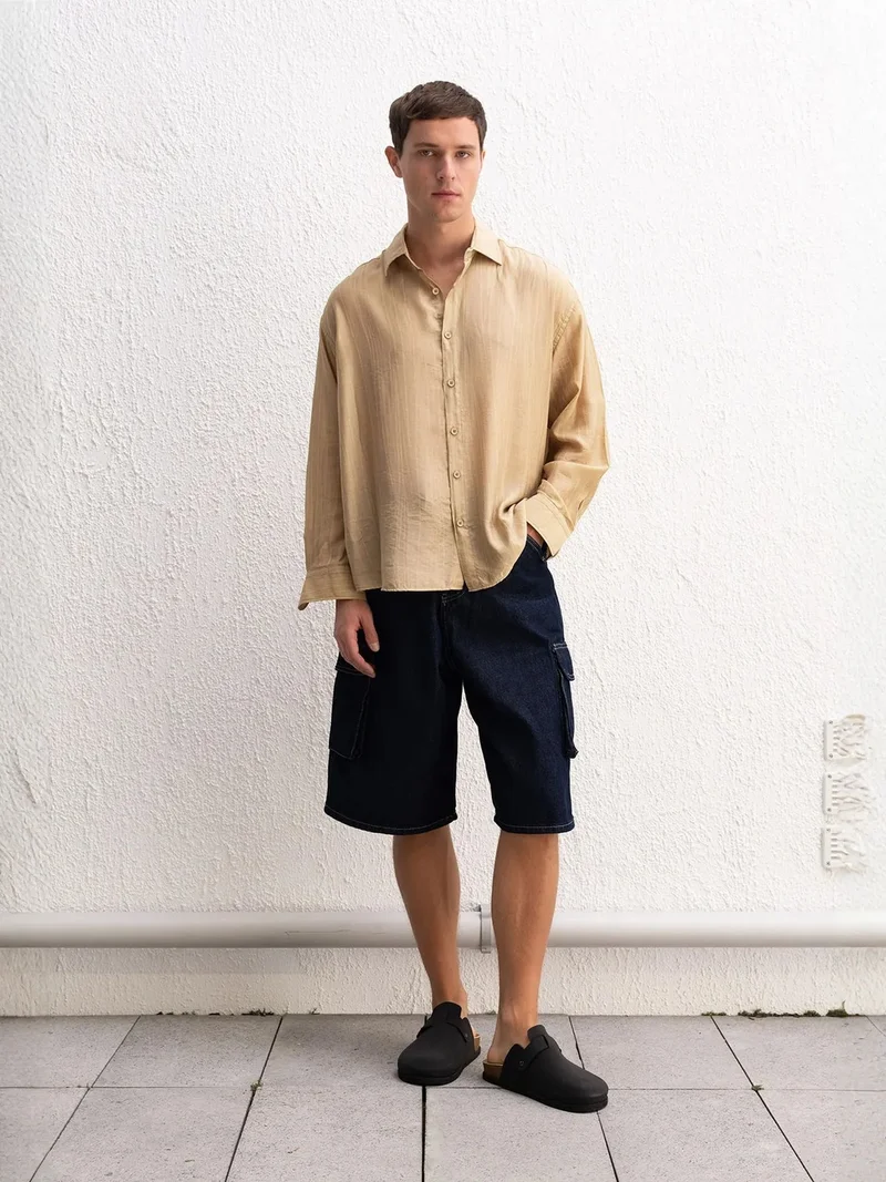 Giesto Beige Natural GIESTO Loose Fit Striped Button-Up Shirt for Men | Best Price UAE