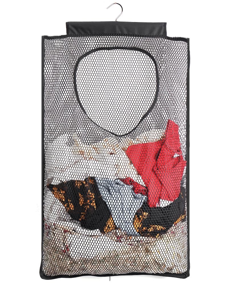 ALYER Breathable Mesh Laundry Hamper,Foldable Hanging Closet Storage Basket,Portable Space Saving Dirty Clothes Bag (Black) - Image 1