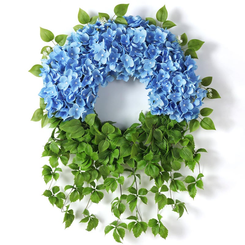 Juxdp Artificial Hydrangea Wreath for Front Door Outside - Fake Hydrangea Real Touch Ivy, Spring Summer Greenery Flowers Wreath, for Home Mantel Window Farmhouse Decor (23", Blue) - Image 1
