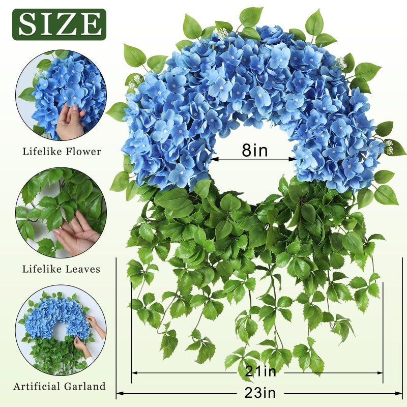 Juxdp Artificial Hydrangea Wreath for Front Door Outside - Fake Hydrangea Real Touch Ivy, Spring Summer Greenery Flowers Wreath, for Home Mantel Window Farmhouse Decor (23", Blue) - Image 5