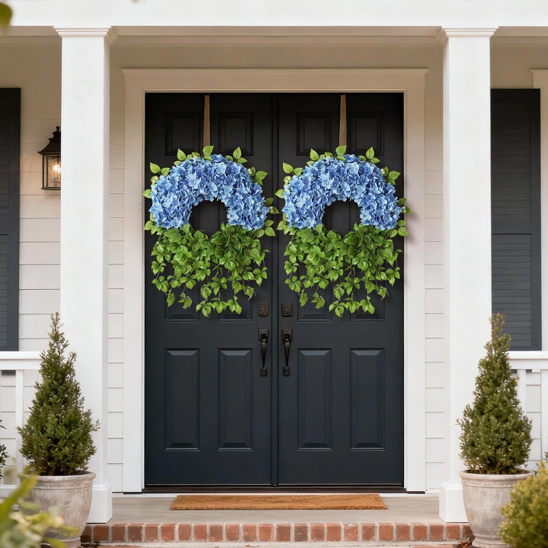 Juxdp Artificial Hydrangea Wreath for Front Door Outside - Fake Hydrangea Real Touch Ivy, Spring Summer Greenery Flowers Wreath, for Home Mantel Window Farmhouse Decor (23", Blue) - Image 4