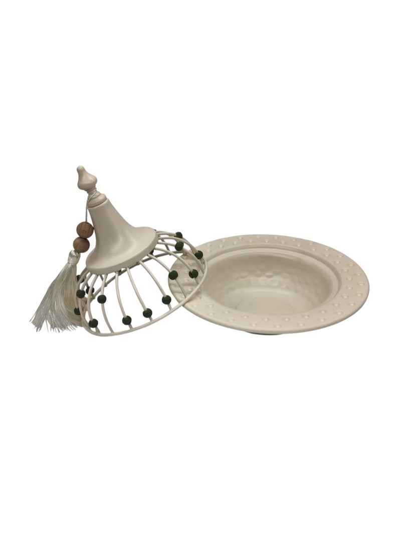 AKDC Metal Tajine with Lid 18cm*18cm, White with Green Beads - Image 2