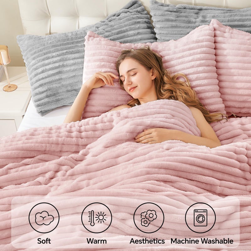 BEDELITE Fleece Full Comforter Set -Super Soft & Warm Fluffy Pink Bedding, Luxury Fuzzy Heavy Bed Set for Winter with 2 Pillow Cases - Image 3