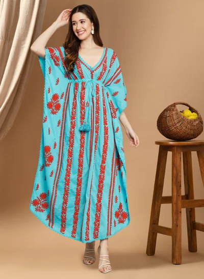Alaya Hand Embroidered Chikankari Cotton Kaftan Blue&Red-AL2480