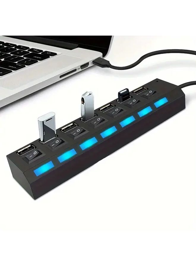 محور USB 2.0 بـ 7 منافذ باللون الأبيض مع مفتاح تشغيل وإيقاف ومؤشر LED وشحن سريع - Image 1