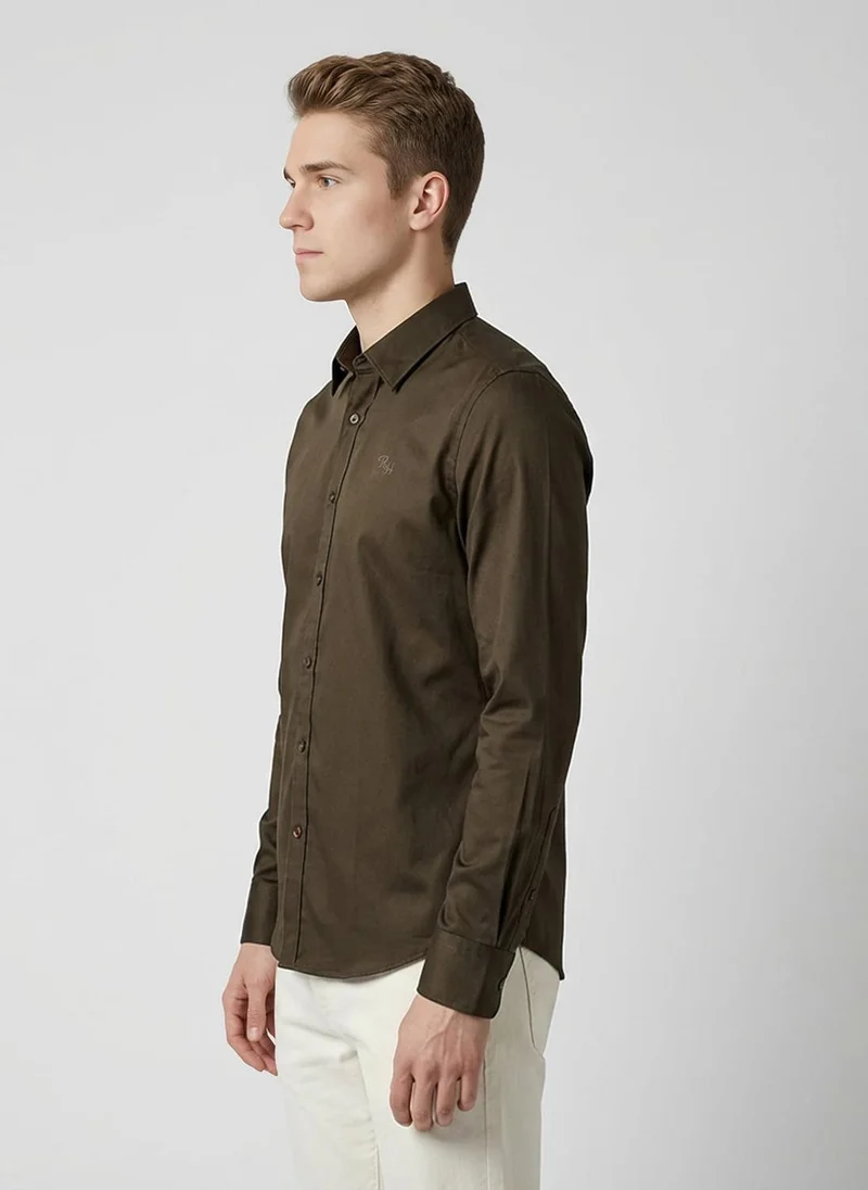 بيينغ هيومان Olive Regular Fit Men's Long Sleeves Spread Collar Shirts