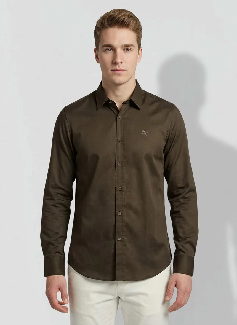 بيينغ هيومان Olive Regular Fit Men's Long Sleeves Spread Collar Shirts