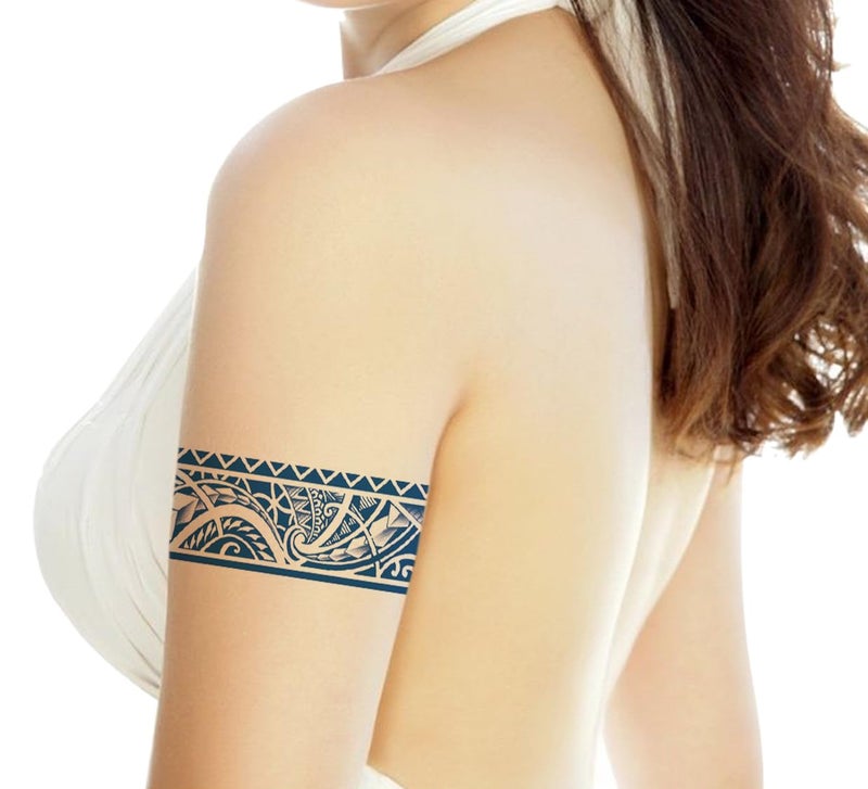 Semipermanent Temporary Tattoo Stickers 2025 days Lifespan For Men Women Boys Girls Waterproof 3D Realistic Arm Band Hand Compass Tatto Sticker Blue Coloured Temp Watertransfer Tribal Armband Temporary Tattoo Polynesian Design Size24X63cm GZBH02 - Image 3
