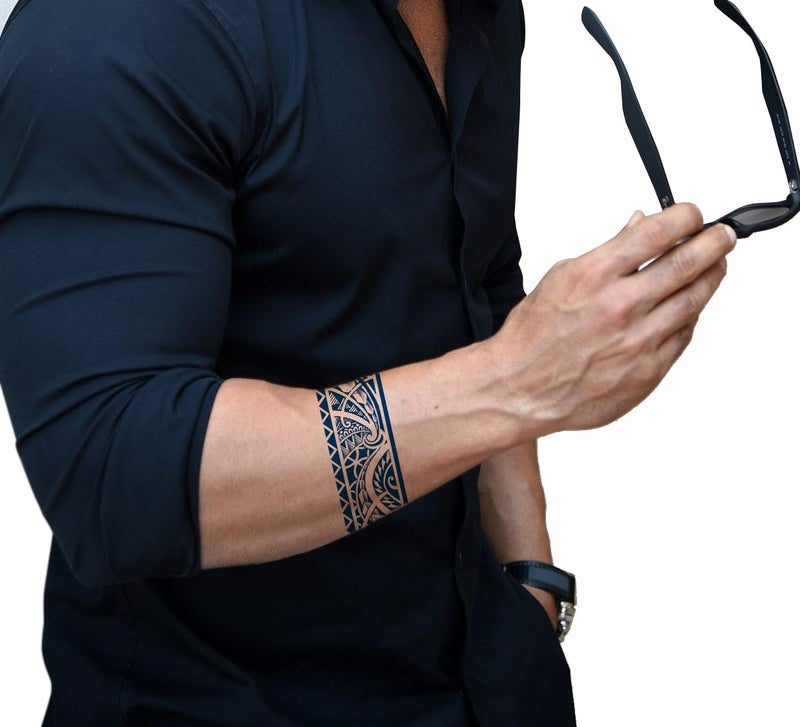 Semipermanent Temporary Tattoo Stickers 2025 days Lifespan For Men Women Boys Girls Waterproof 3D Realistic Arm Band Hand Compass Tatto Sticker Blue Coloured Temp Watertransfer Tribal Armband Temporary Tattoo Polynesian Design Size24X63cm GZBH02 - Image 2