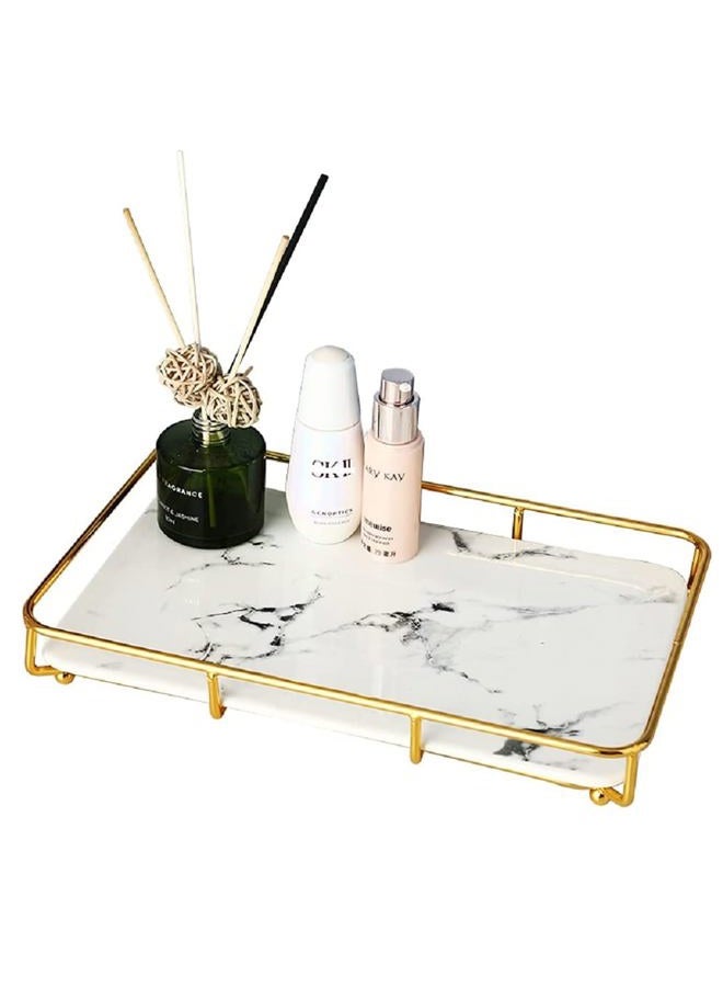 Dobbyby Vanity Tray Makeup Organizer Cosmetics Storage Bathroom Skincare Organizer Countertop Display Rack in Dresser Stainless Steel Shelf Marble Print Ceramic Trays - Image 1