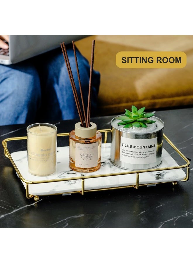 Dobbyby Vanity Tray Makeup Organizer Cosmetics Storage Bathroom Skincare Organizer Countertop Display Rack in Dresser Stainless Steel Shelf Marble Print Ceramic Trays - Image 3