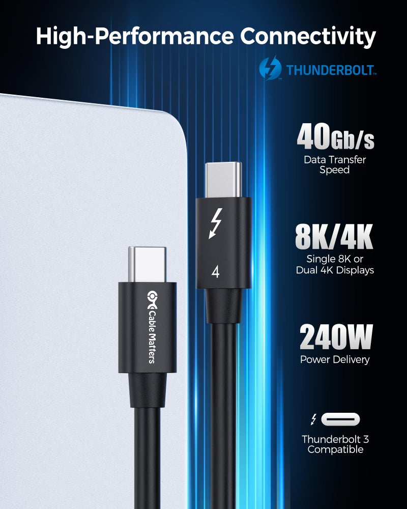Cable Matters [Intel Certified] 40Gbps Thunderbolt 4 Cable 3.3ft with 8K Video and 240W Charging - 1m, Compatible with USB4, Thunderbolt 3 Cable and USB-C - Image 2