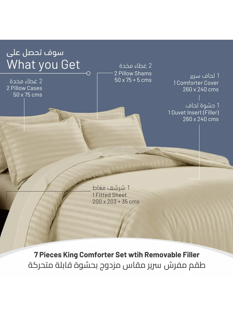 Donetella 7-Piece Damask Stripes Hotel Style Comforter Microfiber ,Removable Insert ,King 260 x 240 Cms ,Beige