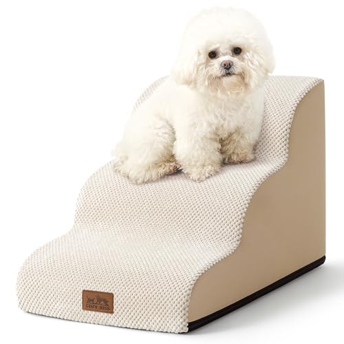 COZY KISS Dog Stairs for Small Dogs 157 H Curved Dog Step for Puppy Older Cat Medium Pet Ramp for Sofa Couch or Chair Ladder with High Density Foam 157x224x157 inch 3 Step Beige