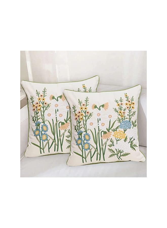 The Bros Set of 2 Embroidered Decorative Throw Pillow Covers Couch Square Pillowcases Cushion for Bedroom Sofa Farmhouse Decor 18x18 Inch (Yellow Daisy) - Image 2