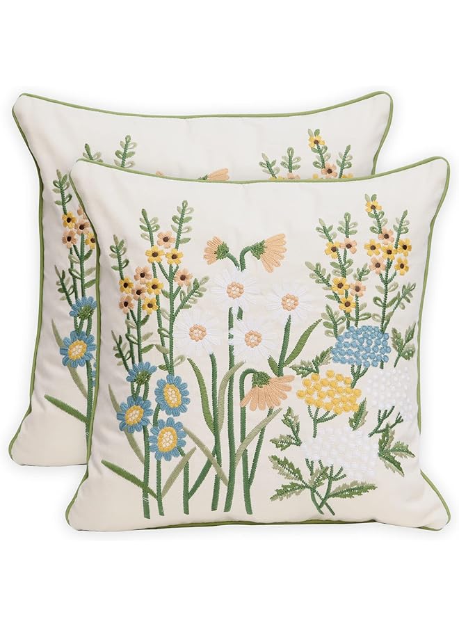 The Bros Set of 2 Embroidered Decorative Throw Pillow Covers Couch Square Pillowcases Cushion for Bedroom Sofa Farmhouse Decor 18x18 Inch (Yellow Daisy) - Image 1