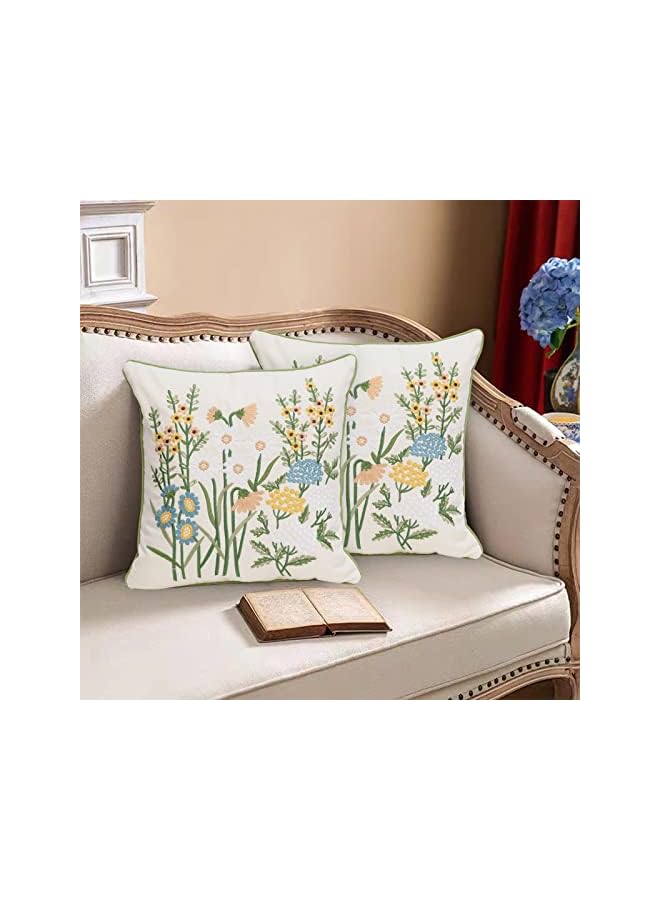 The Bros Set of 2 Embroidered Decorative Throw Pillow Covers Couch Square Pillowcases Cushion for Bedroom Sofa Farmhouse Decor 18x18 Inch (Yellow Daisy) - Image 3