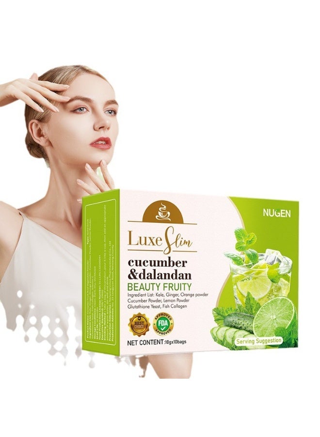 NUGEN Cucumber Dalantan Beauty Fruit Powder, 10 sachets per box. Contains glutathione yeast + fish collagen for antioxidant and brightening effects. Portable and easy to prepare. - Image 2