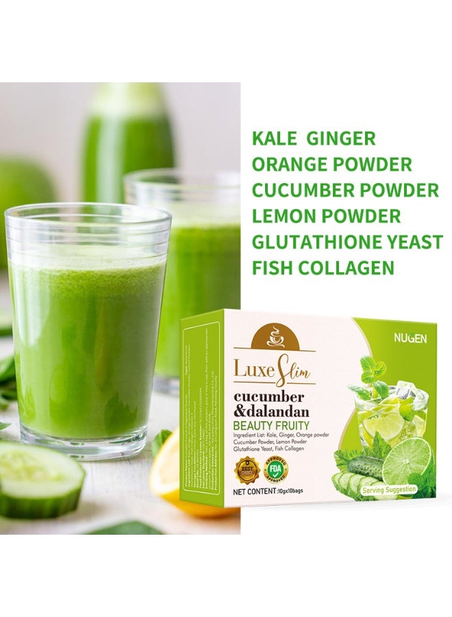NUGEN Cucumber Dalantan Beauty Fruit Powder, 10 sachets per box. Contains glutathione yeast + fish collagen for antioxidant and brightening effects. Portable and easy to prepare. - Image 1